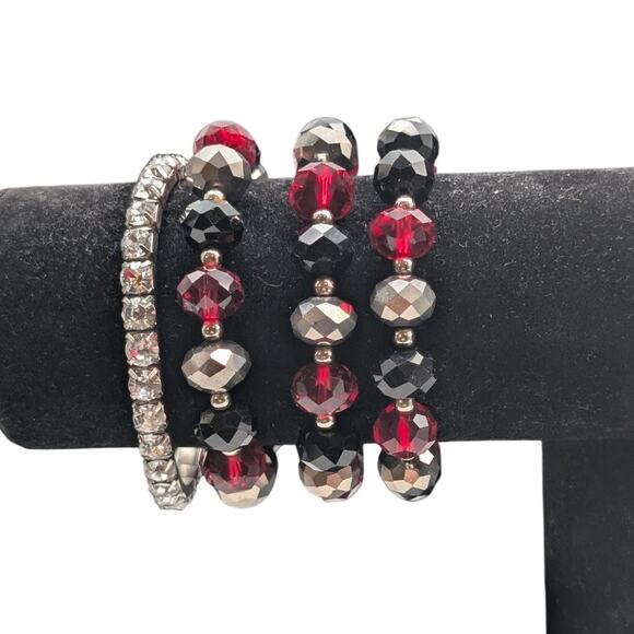 Lot of Six Red Black Metallic Rhinestone Beaded Stretch Bracelets - Picture 2 of 4